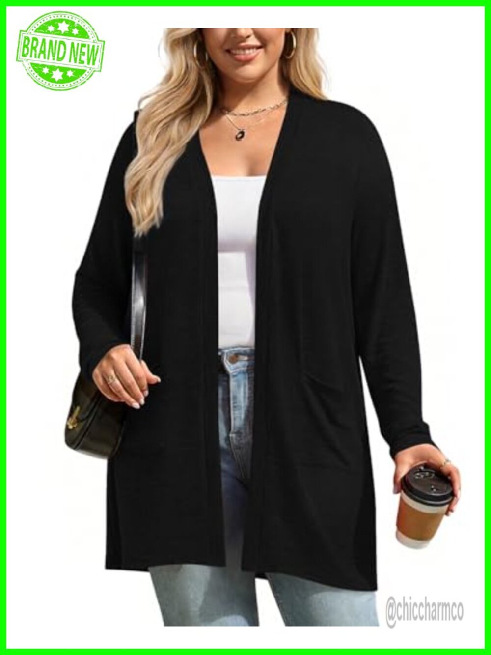Plus Size Lightweight Knit Cardigan Open Front Long Sleeve Sweater with Pockets